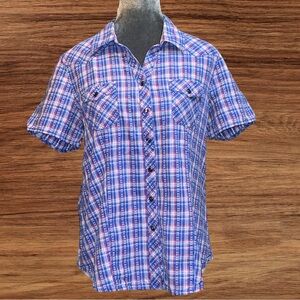 Bit & Bridle classic western pearlized snap buttons Southwest plaid casual top